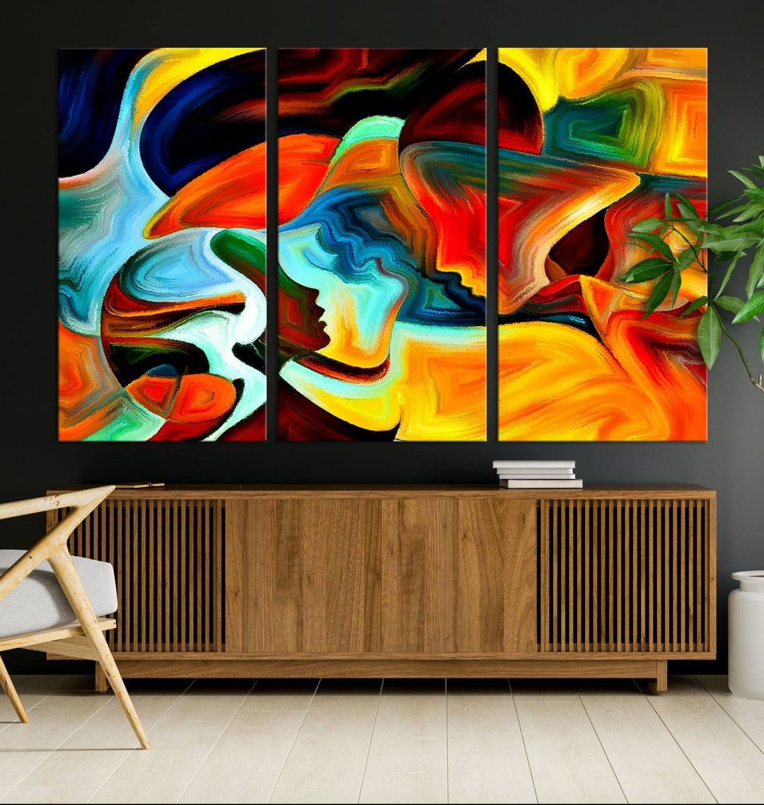 The "Human Love Figures Abstract Wall Art Canvas Print" adds a stylish touch to the dining area, featuring vibrant three-panel artwork on museum-quality canvases with UV-protective coating.