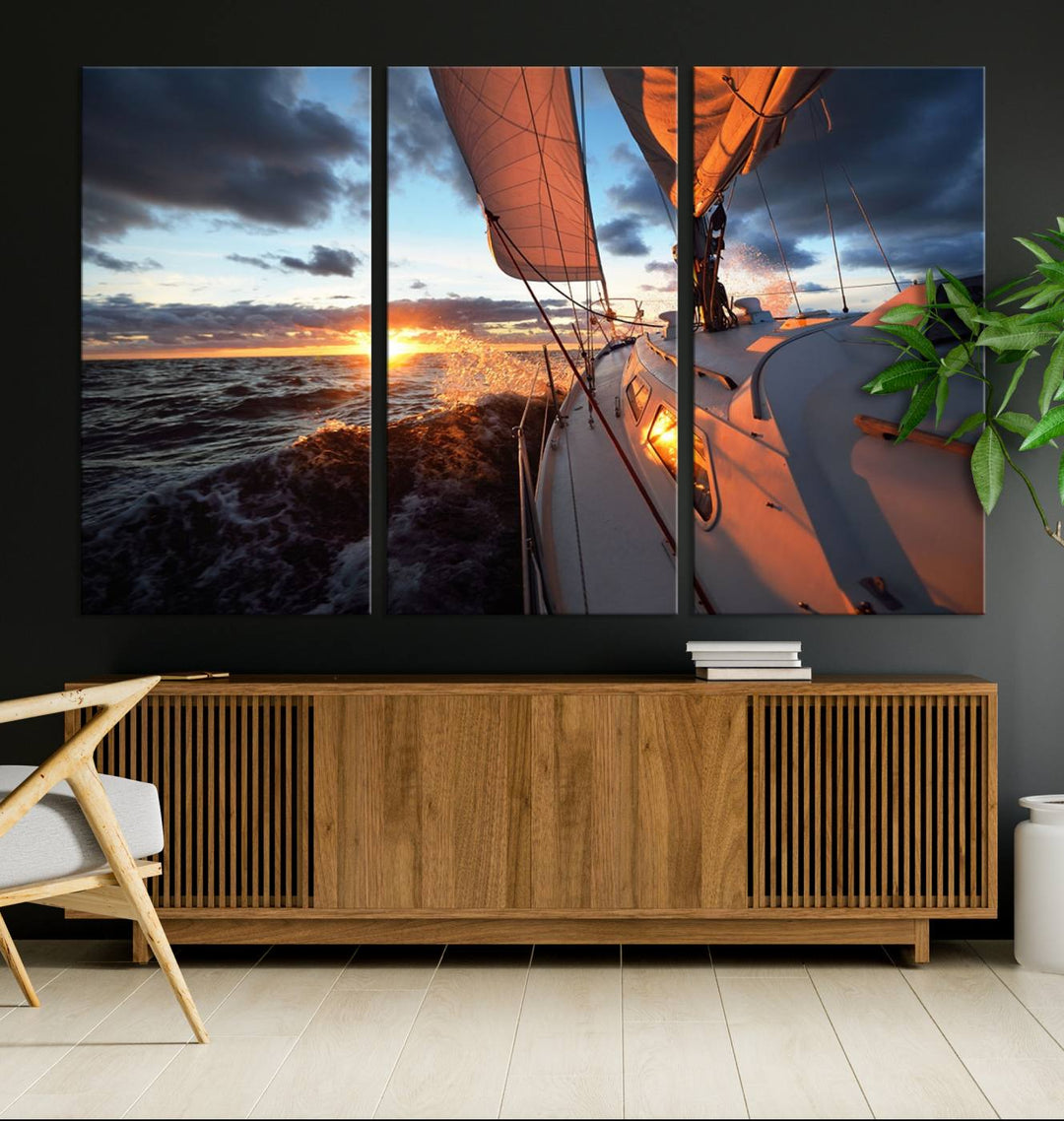 The modern living room is adorned with the Ocean Sunset Sailboat Wall Art, a triptych crafted on museum-quality canvas featuring UV-protective coating for lasting vibrancy.