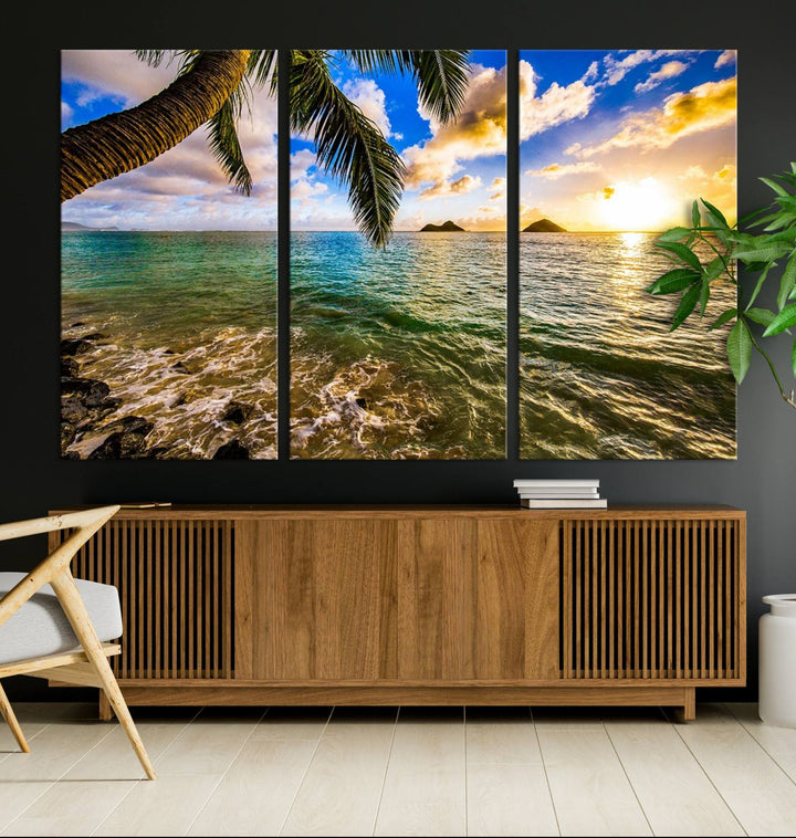 The Sunset Lake View Wall Art Canvas Print, gallery wrapped on a museum-quality canvas, enhances the vibrant living room decor with its UV-protective coating.