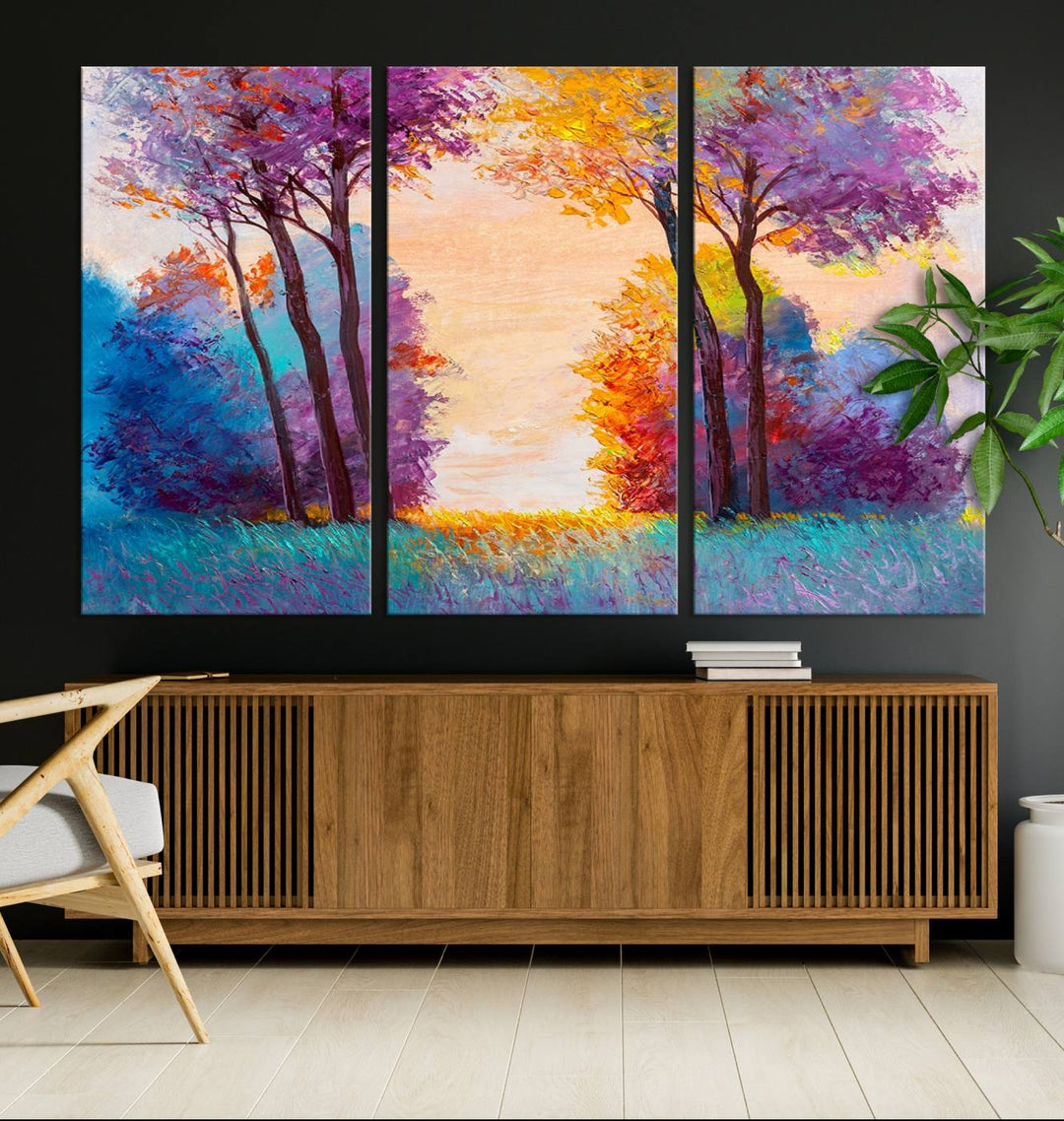 Oil Paint Effect Trees Wall Art Canvas Print features a UV-protective coating for lasting vibrancy.