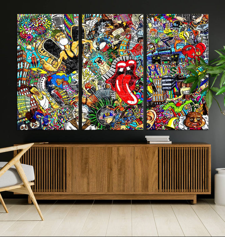 The Crazy Colors Music Vibes Wall Art Canvas Print showcases vibrant multi-panel abstract designs with colorful details on museum-quality canvas and is protected by a UV-coating.