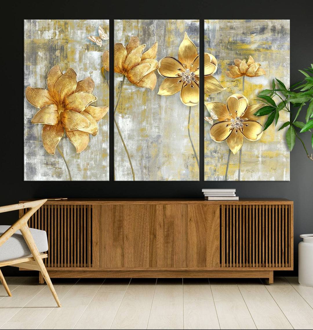 Golden Flowers Wall Art Canvas Print