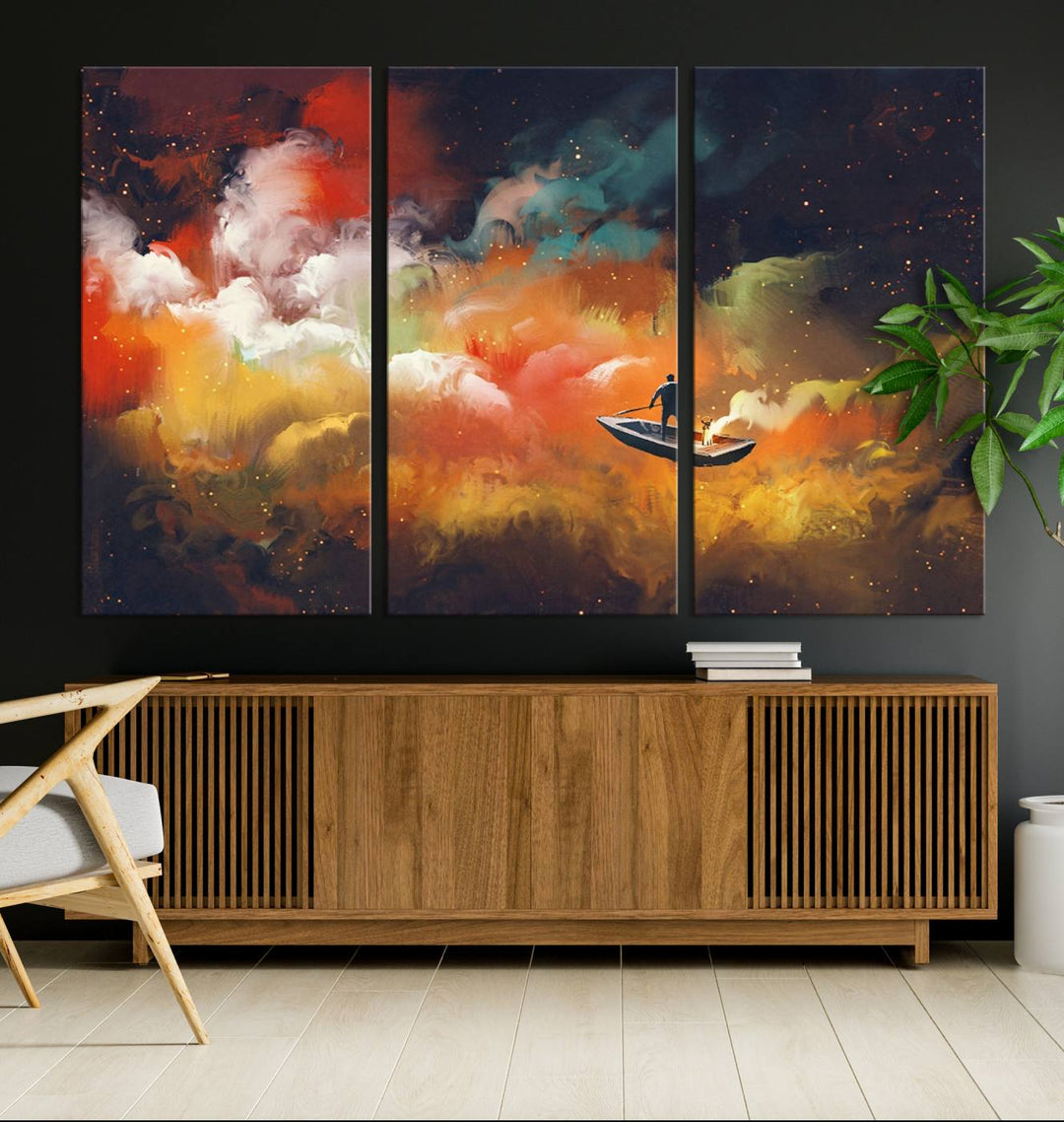 The "Surreal Space Adventure Canvas Wall Art" is a dreamlike abstract galaxy print with an astronaut among clouds, inviting you on a space adventure. This stunning piece comes framed and ready to hang, making it perfect for enhancing living room or bedroom decor.