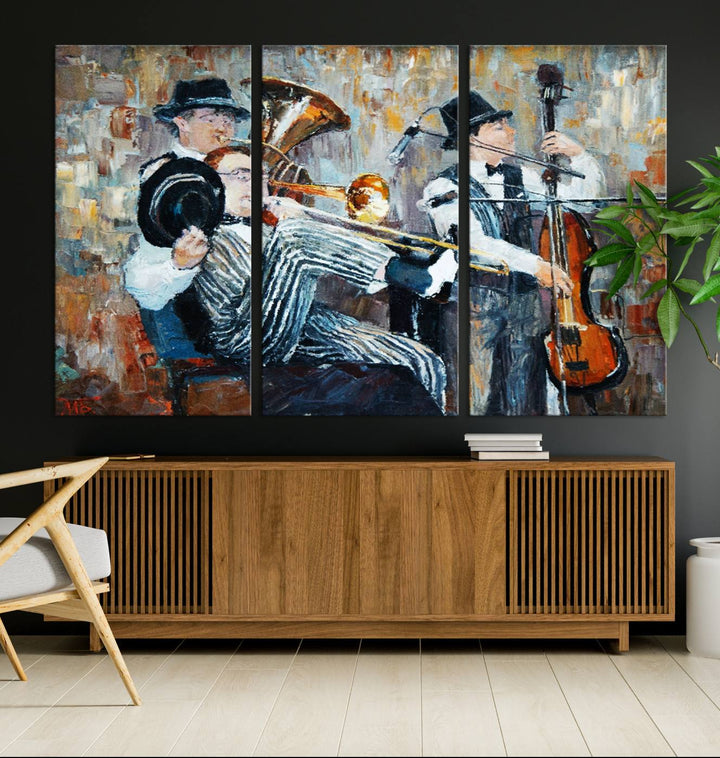 The Good Old Days Musicians Wall Art Canvas Print graces the wall, merging art with elegance. This museum-quality canvas comes with a UV-protective coating and is ready to hang.