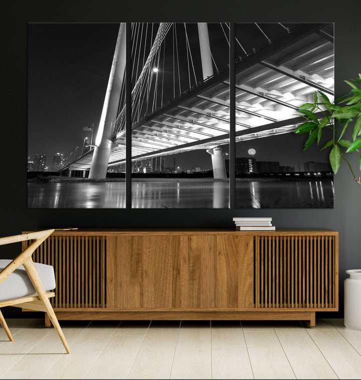 The modern living room features the museum-quality "Dallas City Bridge Lights Skyline Black and White Wall Art Cityscape Canvas Print," elegantly displayed on gallery-wrapped canvas.