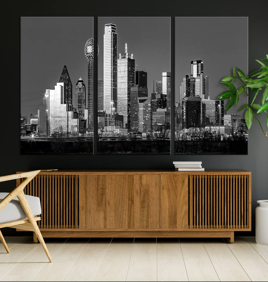 The Dallas City Skyline Black and White Wall Art Cityscape Canvas Print features a gallery-wrapped, museum-quality finish.