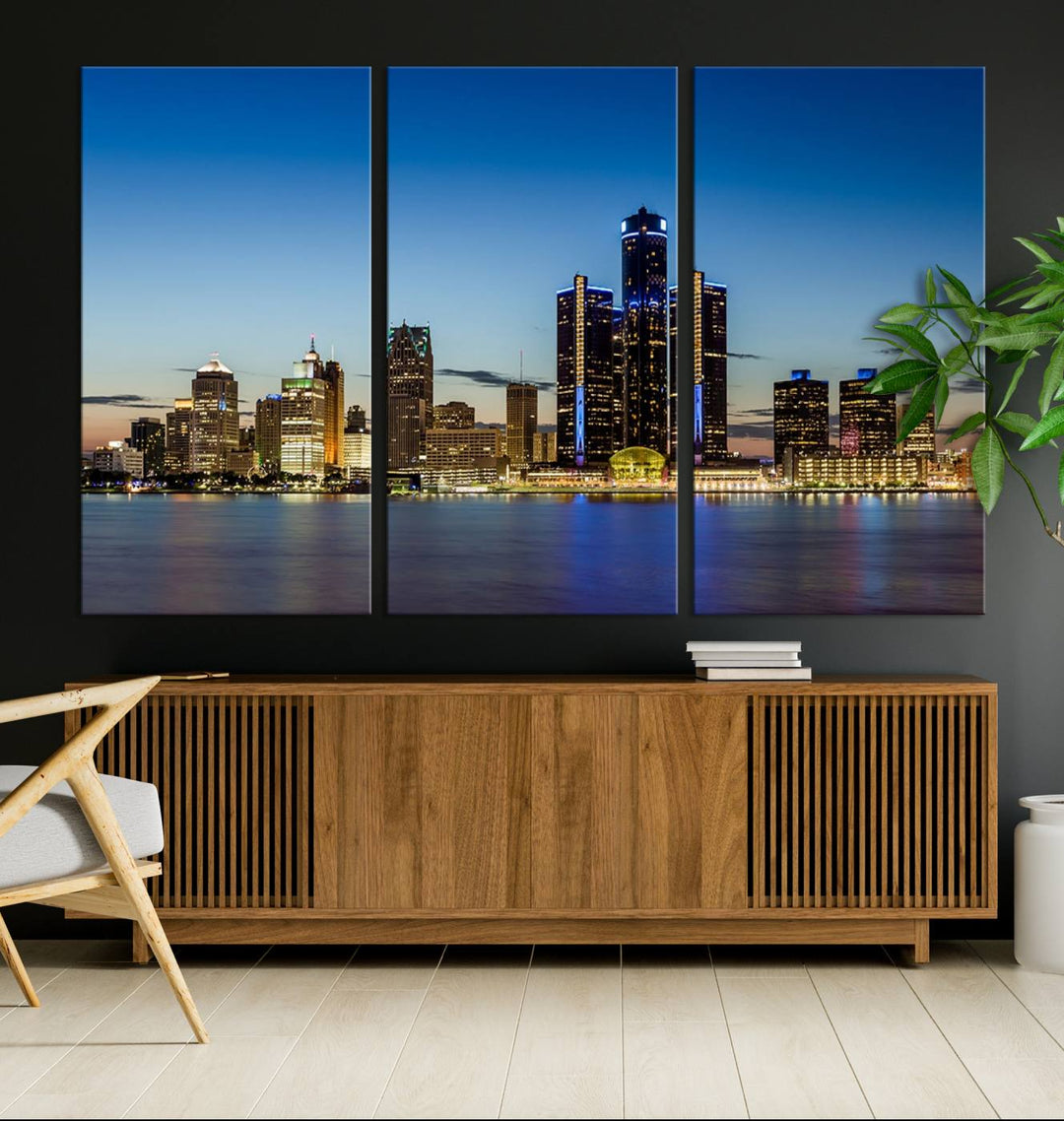 The "Detroit City Lights Sunrise Skyline Cityscape View Wall Art Canvas Print" on the wall is a triptych gallery-wrapped on museum-quality canvas, adding an elegant touch to the space.