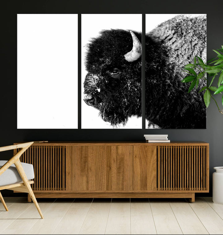 American Bison Wall Art - Buffalo Wall Art Black and White Canvas Print - Framed, Ready to Hang, Modern Nature-Inspired Artwork for Home and Office Decor