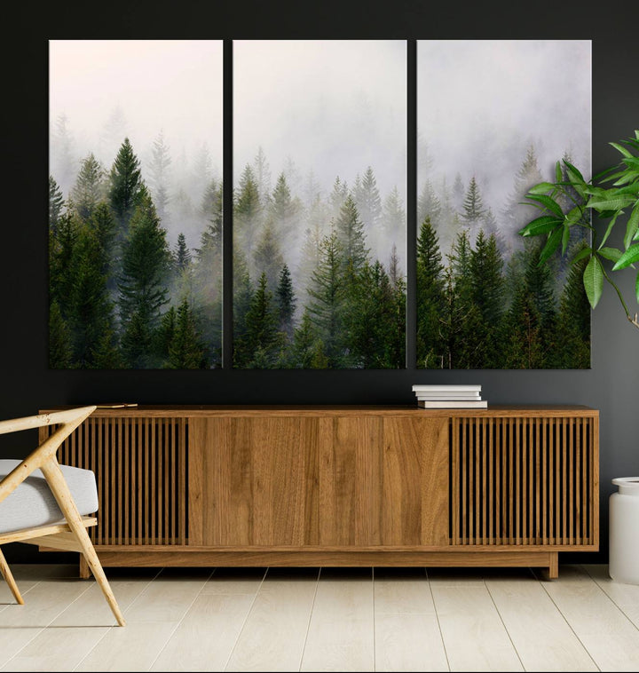 A 3-panel Misty Pine Forest Wall Art Canvas Print, featuring a green woodland scene, adorns the wall.