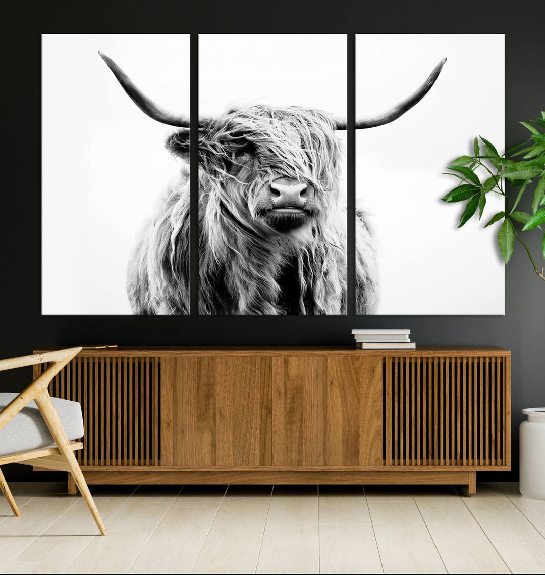 Lienzo de vaca de las Tierras Altas, arte de pared, decoración de granja, vaca, impresión en blanco y negro, decoración de pared rústica, pintura de animales, pared de vaca escocesa