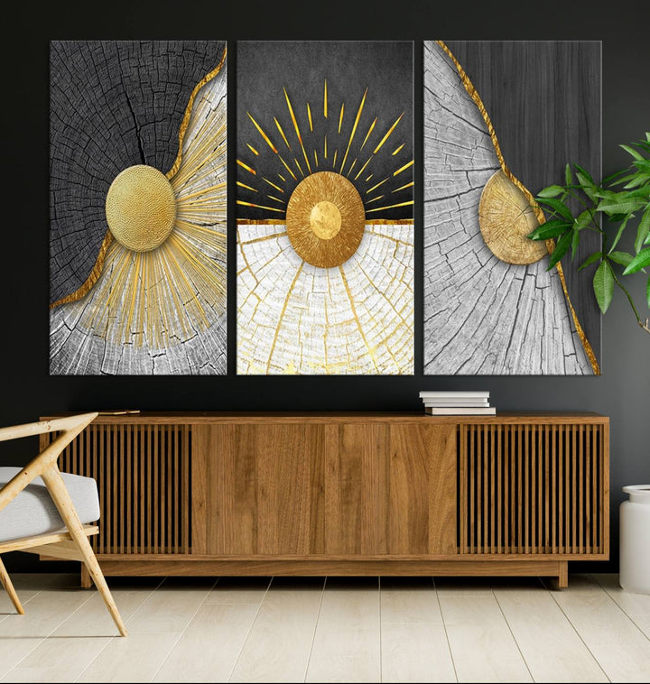 A contemporary living room is enhanced by the Minimal Style 3 Panel Abstract Wall Art Canvas Print in gold and gray. Each panel arrives ready to hang, providing an easy fusion of elegance and modernity.