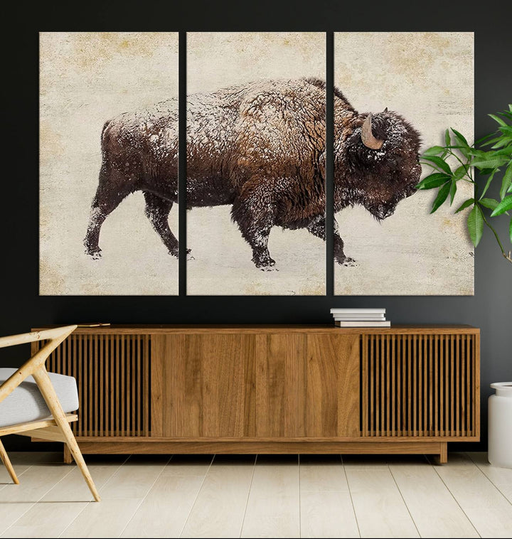 The "Buffalo Wall Art" canvas print, featuring a Western bison, hangs prominently, infusing the space with rustic cowboy and Western decor.