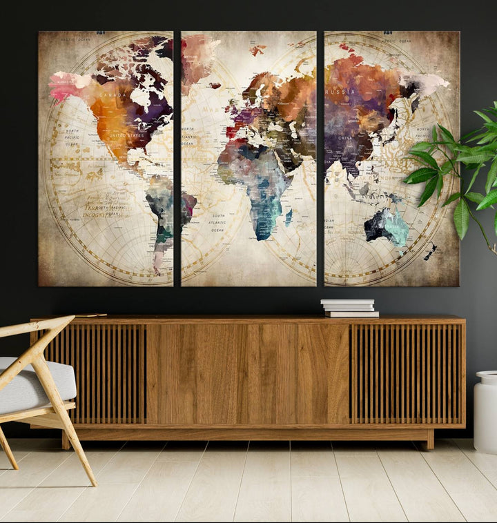 A World Map Wall Art Canvas Print featuring vibrant colors is crafted on museum-quality canvas, adding a touch of elegance to the room.