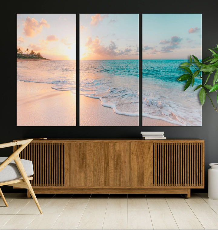 Beach Sunrise Wall Art, Coastal Seascape Canvas Print, Ocean Wave Multi-Panel Giclee, Coastal Sunset Beach Scene for Modern Decor