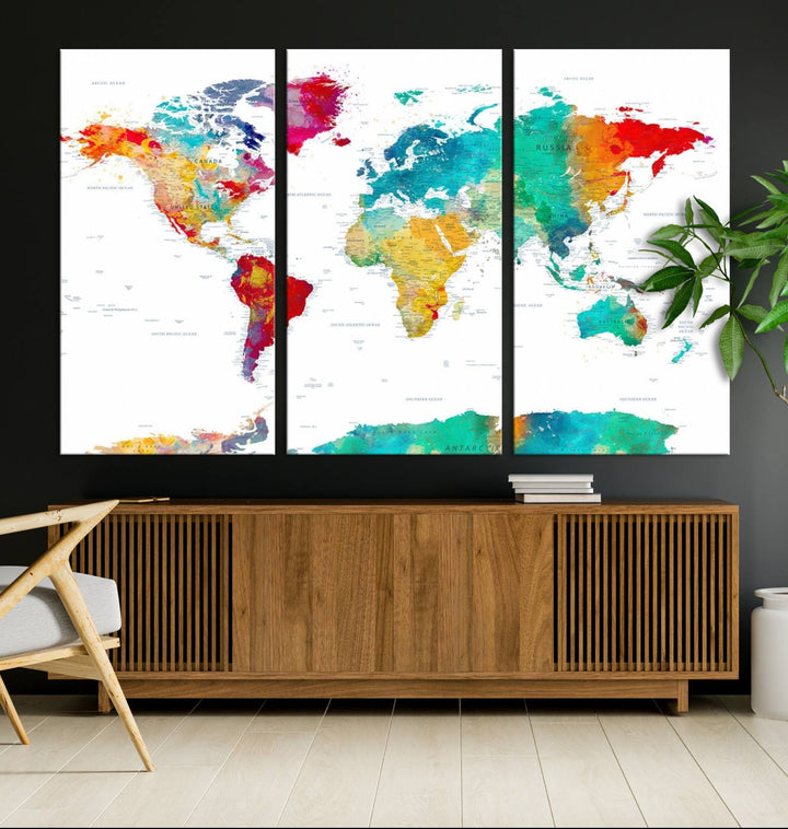 A stunning Colorful World Map Triptych Canvas Print, featuring a ready-to-hang framed design, adds vibrancy and modern flair to the space, effortlessly elevating the entire home décor.