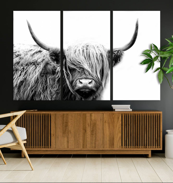 A museum-quality triptych titled "Black White Scottish Highland Cow Cattle Art Print Farmhouse Wall Art Canvas Print" embellishes the dark wall. The canvas is equipped with a UV-protective coating to ensure lasting vibrancy.