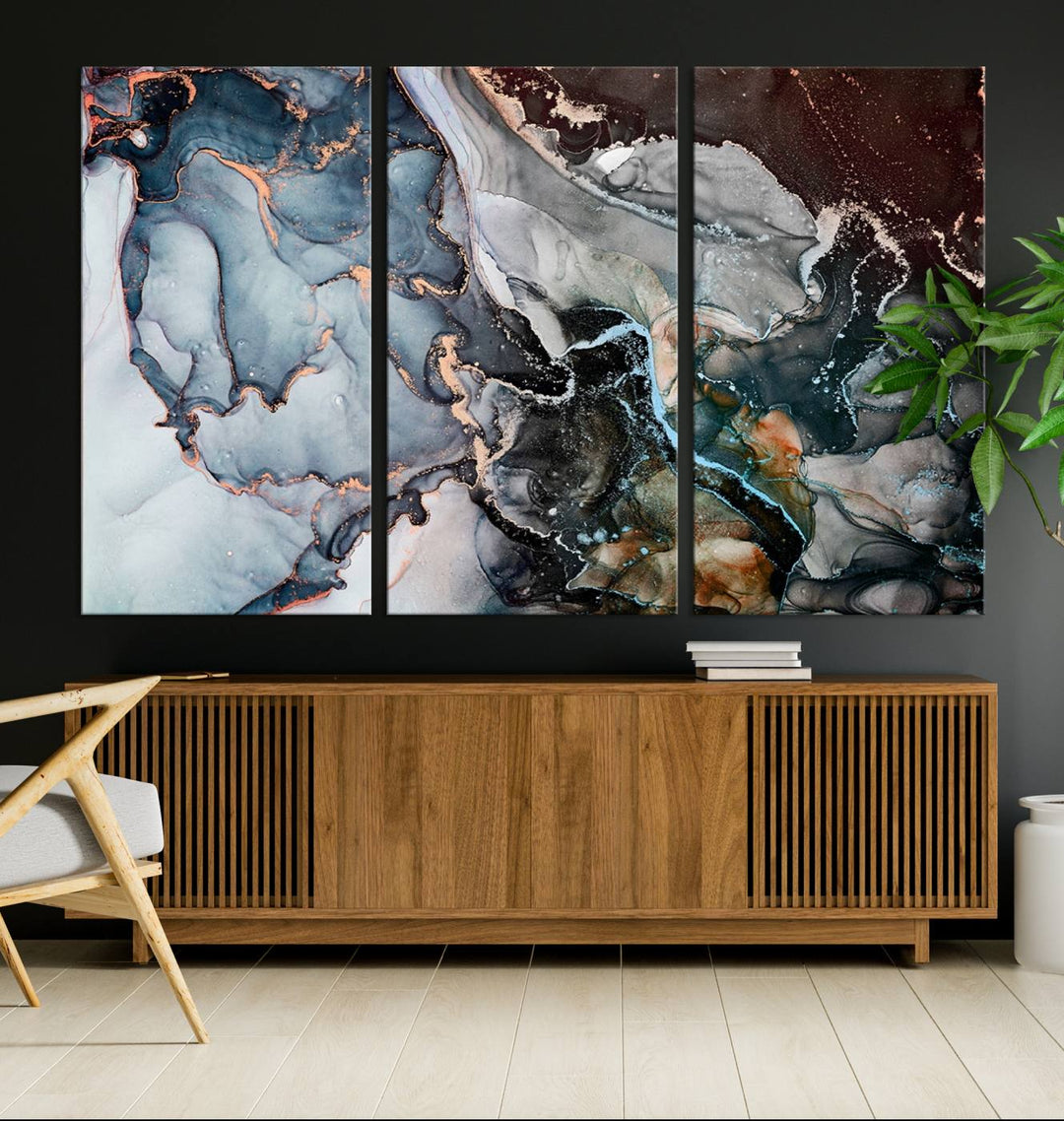 The Mix Color Large Abstract Marble Wall Art Canvas Print is printed on museum-quality canvas. It features a UV-protective coating and is ready to hang, adding elegance to the room.