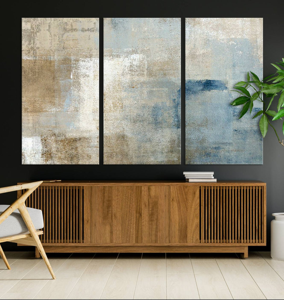 Abstract Blue and Beige Wall Art, Modern Minimalist Canvas Print Set, Giclee Textured Art, Large Multi-Panel Artwork for Living Room