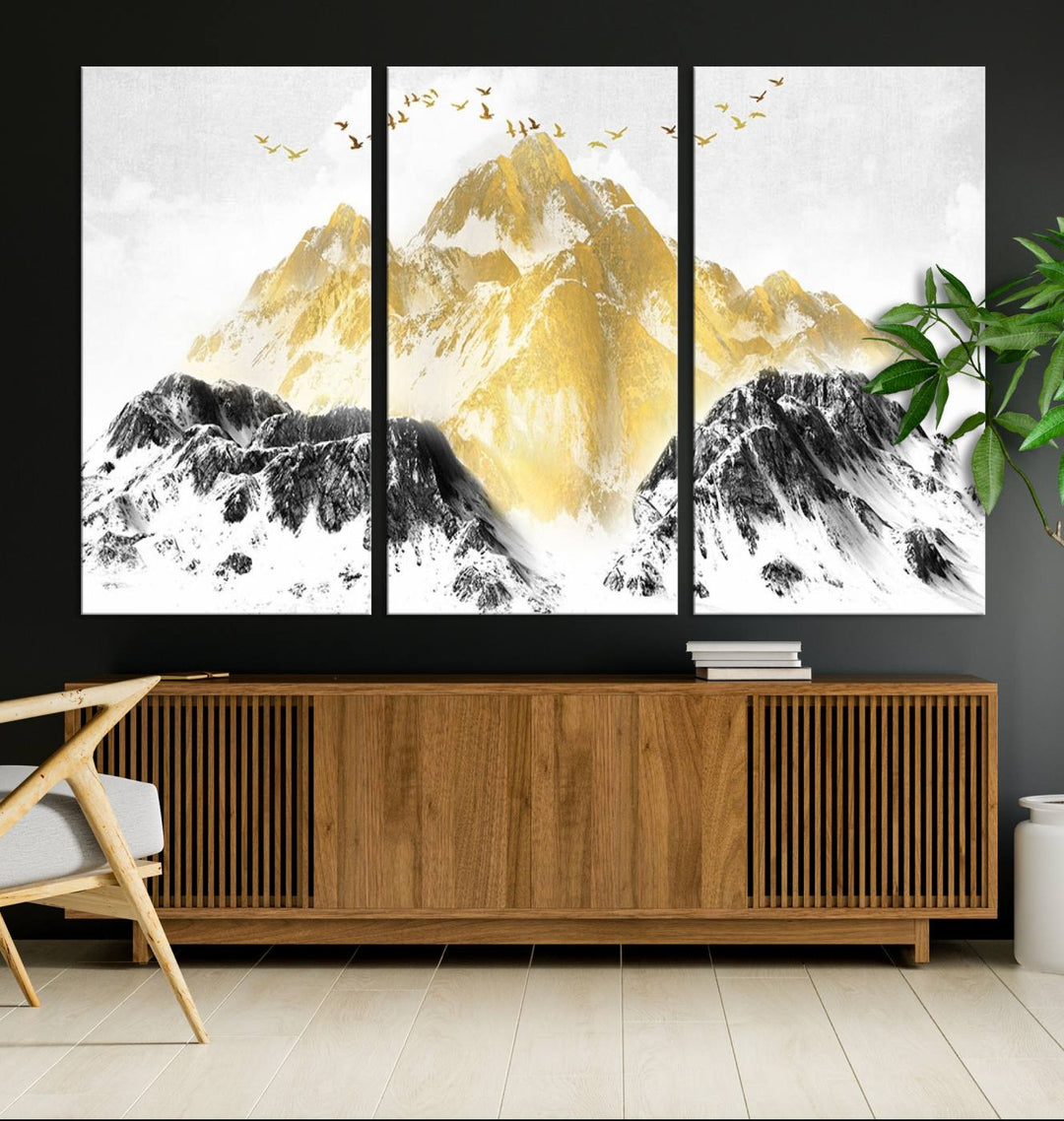 Golden Mountain Triptych Wall Art, Modern Giclee Canvas Print, Nature Landscape Decor for Living Room, Contemporary Gold and Black Wall Art