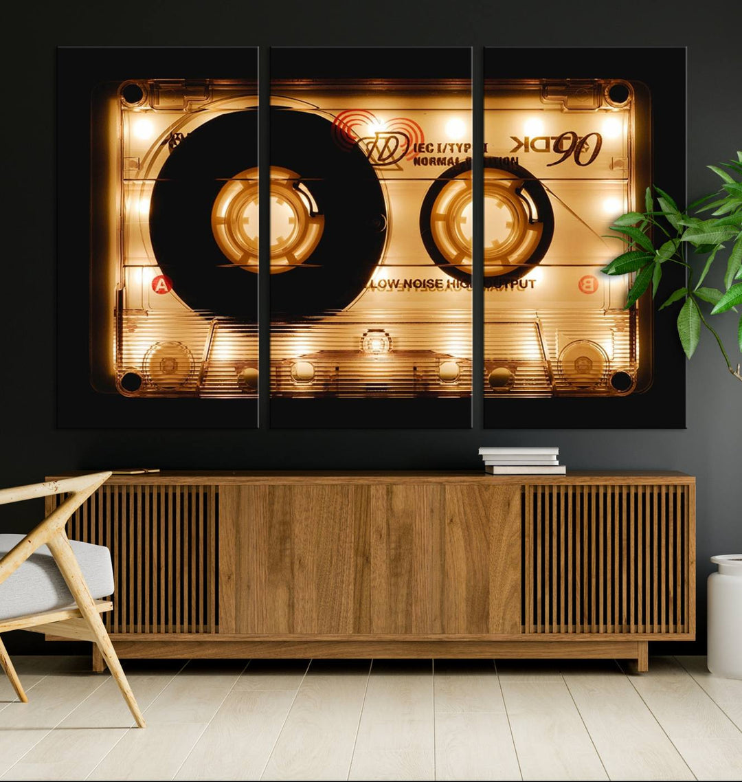 The Shining Audio Cassette Retro Music Wall Art Canvas Print, featuring a vintage cassette tape design and protected with a UV coating on museum-quality canvases, creates an impressive visual impact.