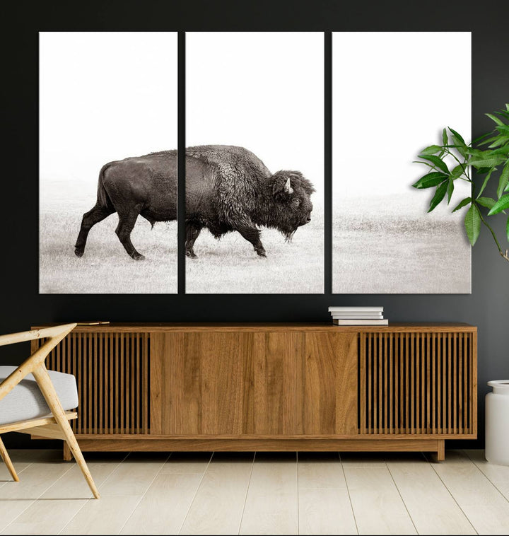 American Bison in Grasslands Triptych Canvas Wall Art – Western-Inspired Nature Decor for Home or Office