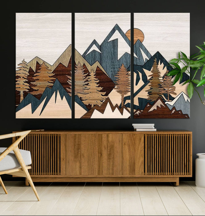 Woodland Mountain Landscape Triptych, Giclee Canvas Art for Modern Home, Rustic Wooden Nature Wall Art, Large Mountain and Tree Canvas for Living Room