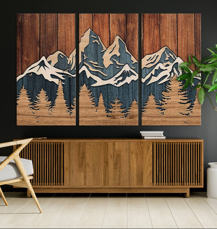 Rustic Wood Style Mountain Wall Art, Nature Forest Canvas Print, Wooden Textured Mountain Artwork, Handcrafted Landscape Decor for Farmhouse Decor