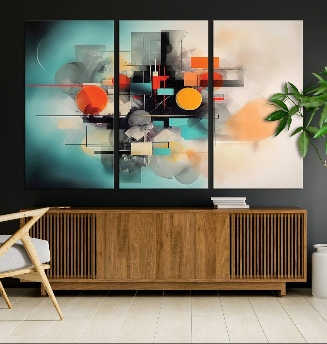 Modern living room featuring a Geometric Colorful Abstract Wall Art Canvas Print.