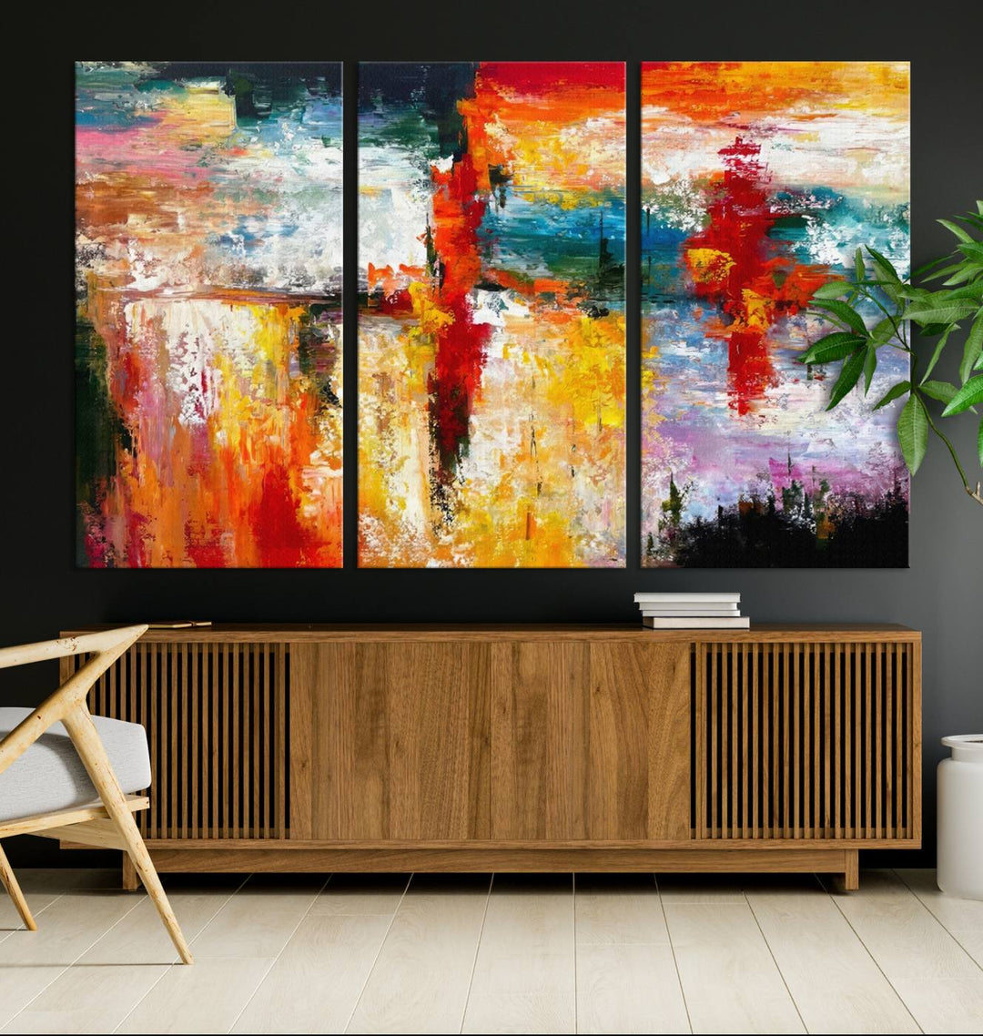 A Colorful Abstract Wall Art Canvas Print graces the wall, making this ready-to-hang masterpiece, complete with UV-protective coating, perfect for elevating any space with its vibrant allure.