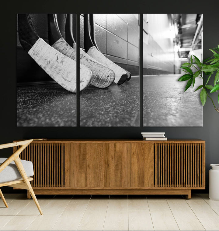 A living room featuring a large Ice Hockey Wall Art Canvas Print on gallery-wrapped canvas.