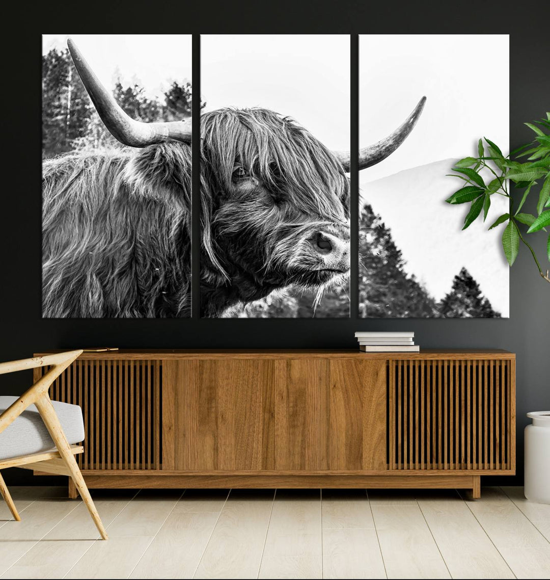 The Scottish Longhorn Wall Art Canvas Print features a highland cow with long horns and shaggy hair displayed on a museum-quality canvas. Equipped with a UV-protective coating for durability, it's ready to hang and enjoy for years to come.