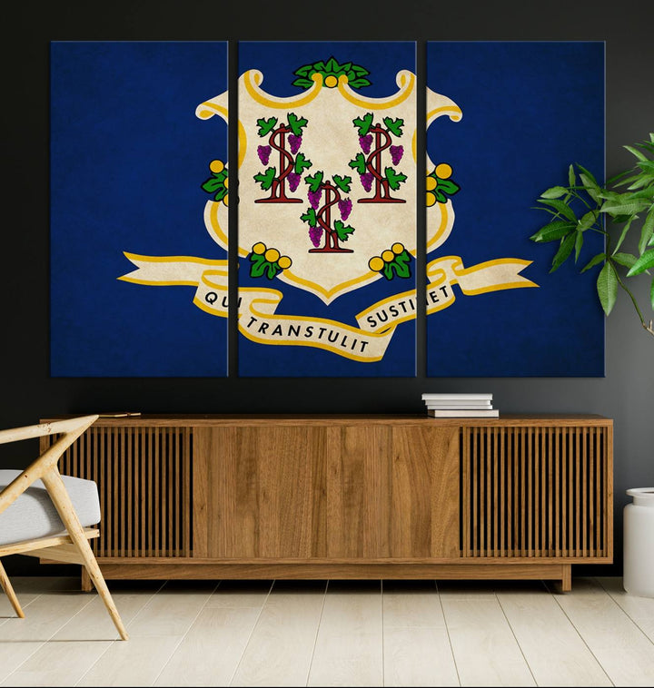 A "Size Connecticut States Flag Wall Art Canvas Print" hangs on the wall, its vibrancy preserved by a UV-protective coating.