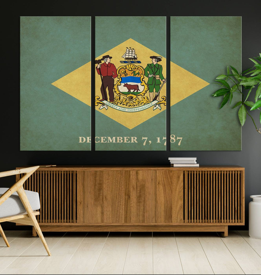 The Delaware States Flag Wall Art Canvas Print, featuring museum-quality material and a UV-protective coating, hangs elegantly, ready to be admired.