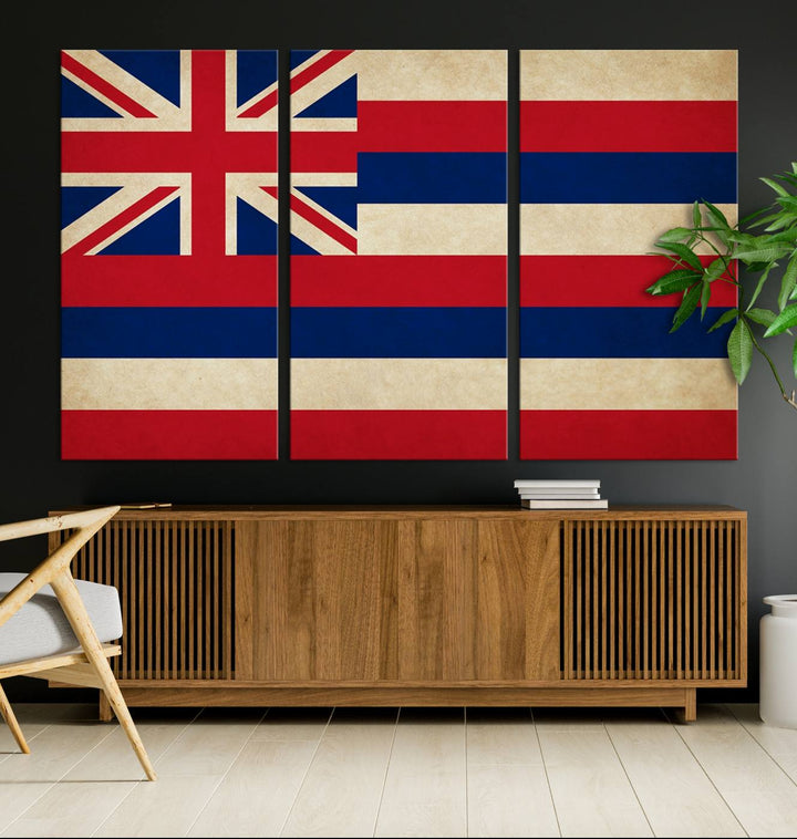 A stunning piece titled "Hawaii USA States Flag Wall Art Canvas Print" adorns the wall. This gallery-wrapped artwork is printed on museum-quality canvas and features a UV-protective coating, ensuring its vibrant colors remain timelessly beautiful.