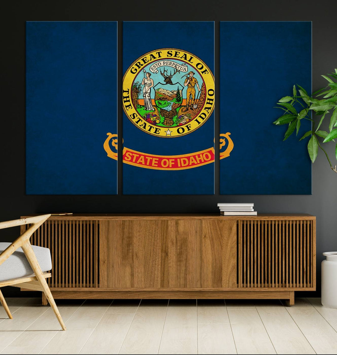 The Idaho USA States Flag Wall Art Canvas Print, featuring a UV-protective coating for lasting vibrancy, is ready to hang.