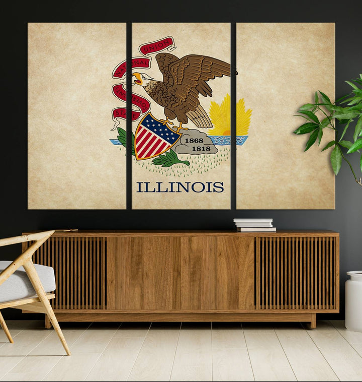 The Illinois State Flag Wall Art Canvas Print, crafted on museum-quality canvas with a UV-protective coating, is displayed prominently.