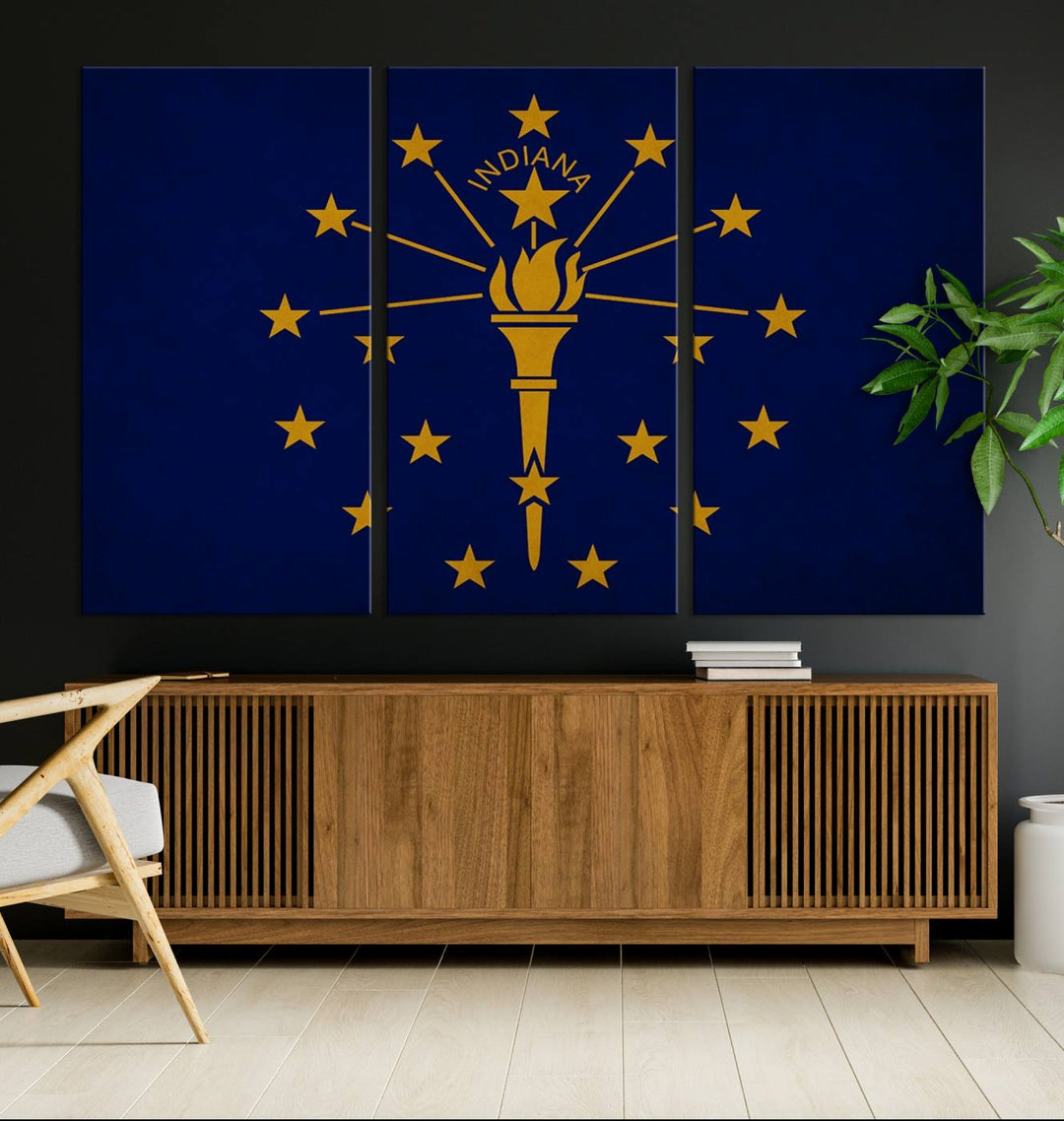 The Indiana States Flag Wall Art Canvas Print, featuring museum-quality canvas with a UV-protective coating, adorns the wall and brings an elegant and charming touch to your living space. Ready to hang, this piece becomes a standout feature in any room.