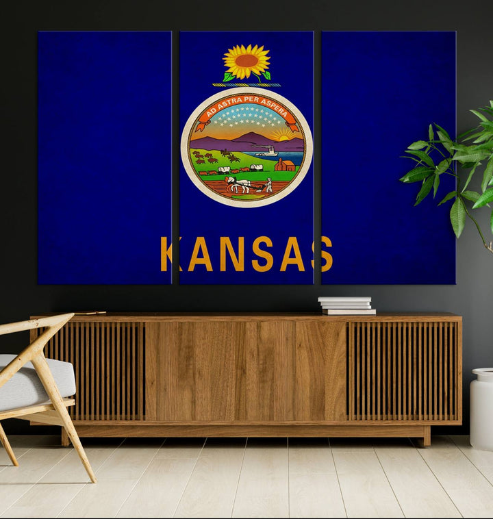 The "Kansas USA States Flag Wall Art Canvas Print" is prominently displayed.