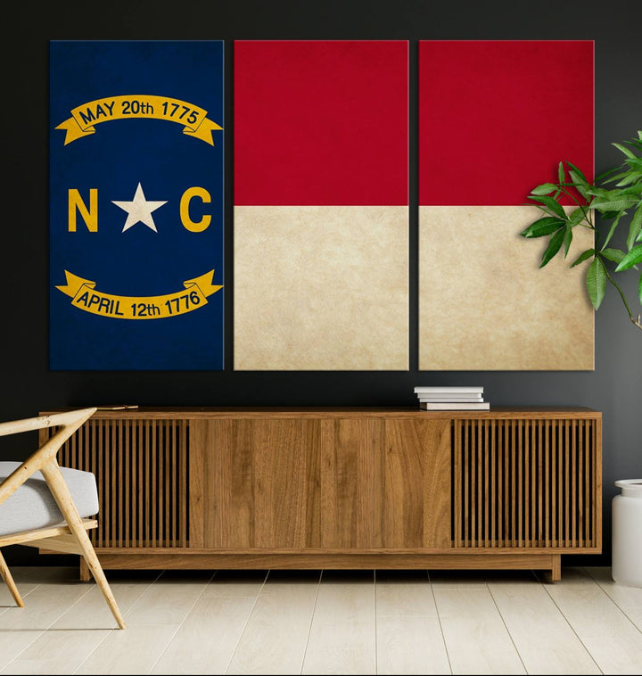 A museum-quality North Carolina State Flag Wall Art Canvas Print graces the wall, adding charm and character to any living space. Enjoy free shipping on this timeless piece.