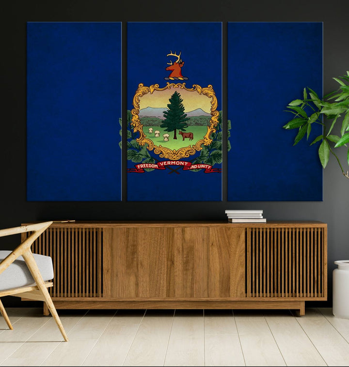 The Vermont Flag Wall Art Canvas Print is a museum-quality piece enhanced with UV-protective finishes, offering both style and durability. Enjoy free shipping on this classic decor addition.