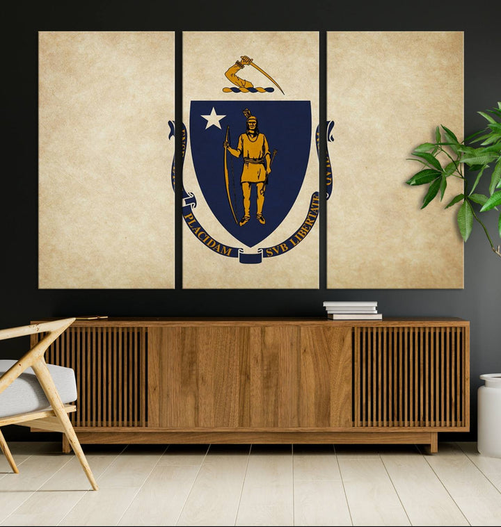 The Massachusetts State of Flag Wall Art Canvas Print, handcrafted on a museum-quality canvas with UV-protective coating, decorates the wall. It is ready to hang and adds a touch of elegance to the space.