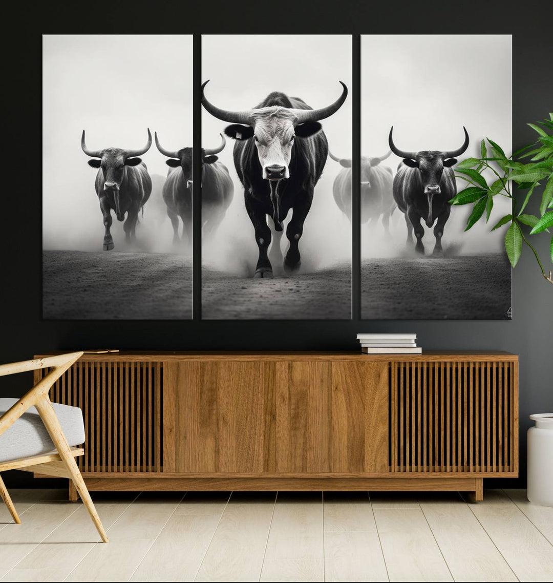 The Texas Longhorn Cow Animal Wall Art Canvas Print beautifully embellishes the area with its depiction of longhorn cattle in a misty setting, seamlessly integrating Western decor into the space.