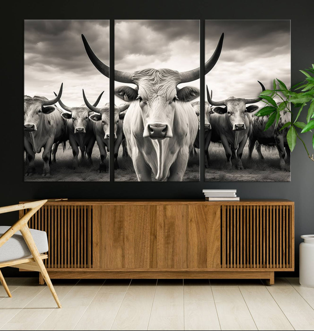 A Texas Longhorn Cow Animal Wall Art Canvas Print introduces a Western-themed accent.