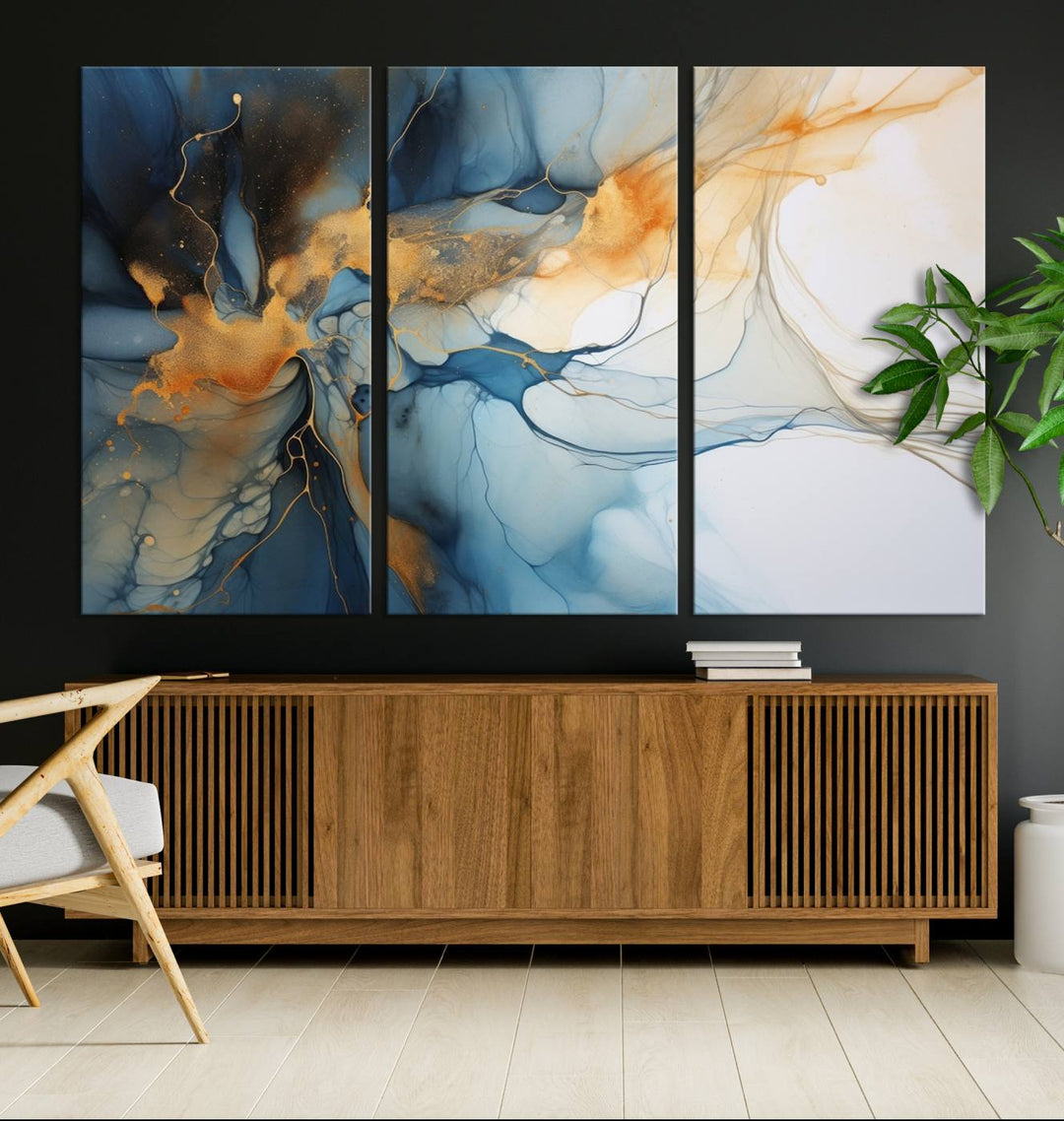 Art mural abstrait bleu marine orange, impression abstraite, impression sur toile abstraite