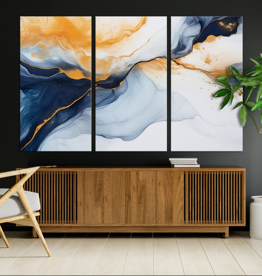 Modern living room featuring the 'Extra Large Orange Navy Blue Abstract Wall Art Canvas Print.'