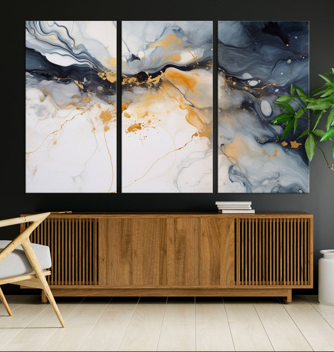 The Dark Blue and Orange Abstract Wall Art, featuring museum-quality canvas with captivating dark and golden swirls, is ready to hang and boasts a UV-protective coating to ensure enduring vibrancy and sophistication.