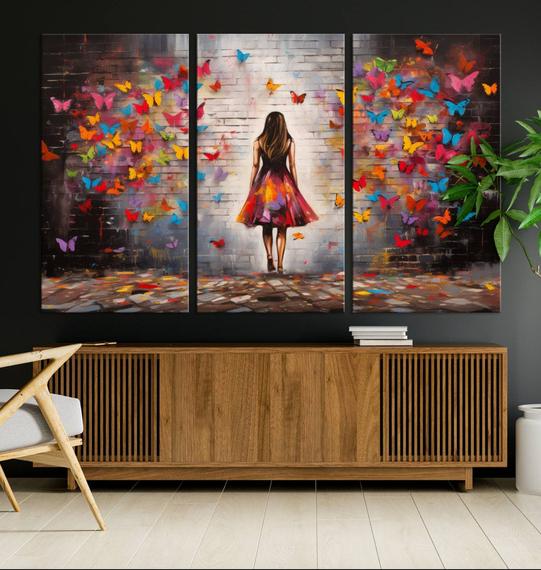 A vibrant artwork titled "Graffiti Wall Art Canvas Print Girl Butterfly Graffiti Abstract Canvas Print" is displayed above the couch. This gallery-wrapped masterpiece, printed on museum-quality canvas, features a UV-protective coating to preserve its vivid beauty.