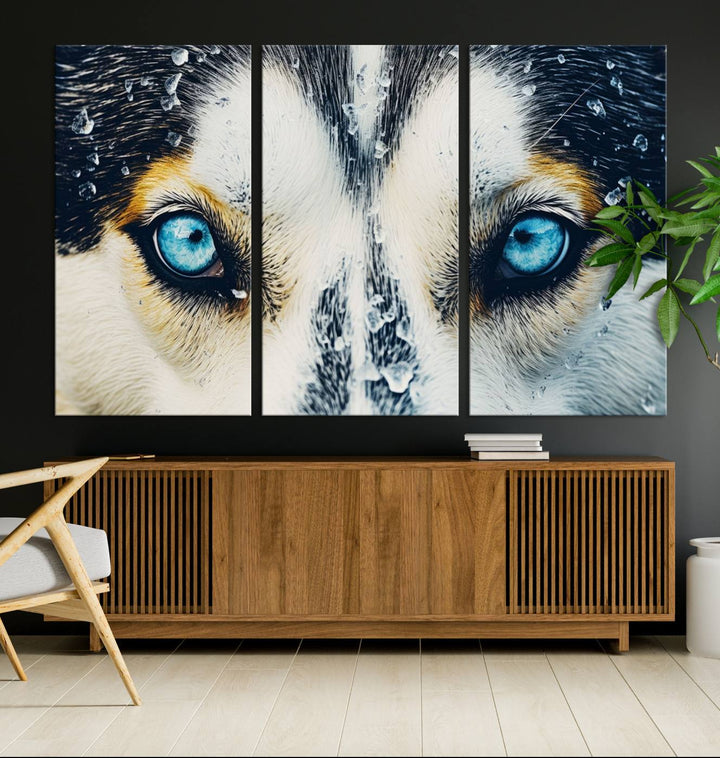 The captivating "Winter Siberian Husky Wolf EYE Wall Art Canvas Print" showcases the striking blue eyes of the animal portrait.