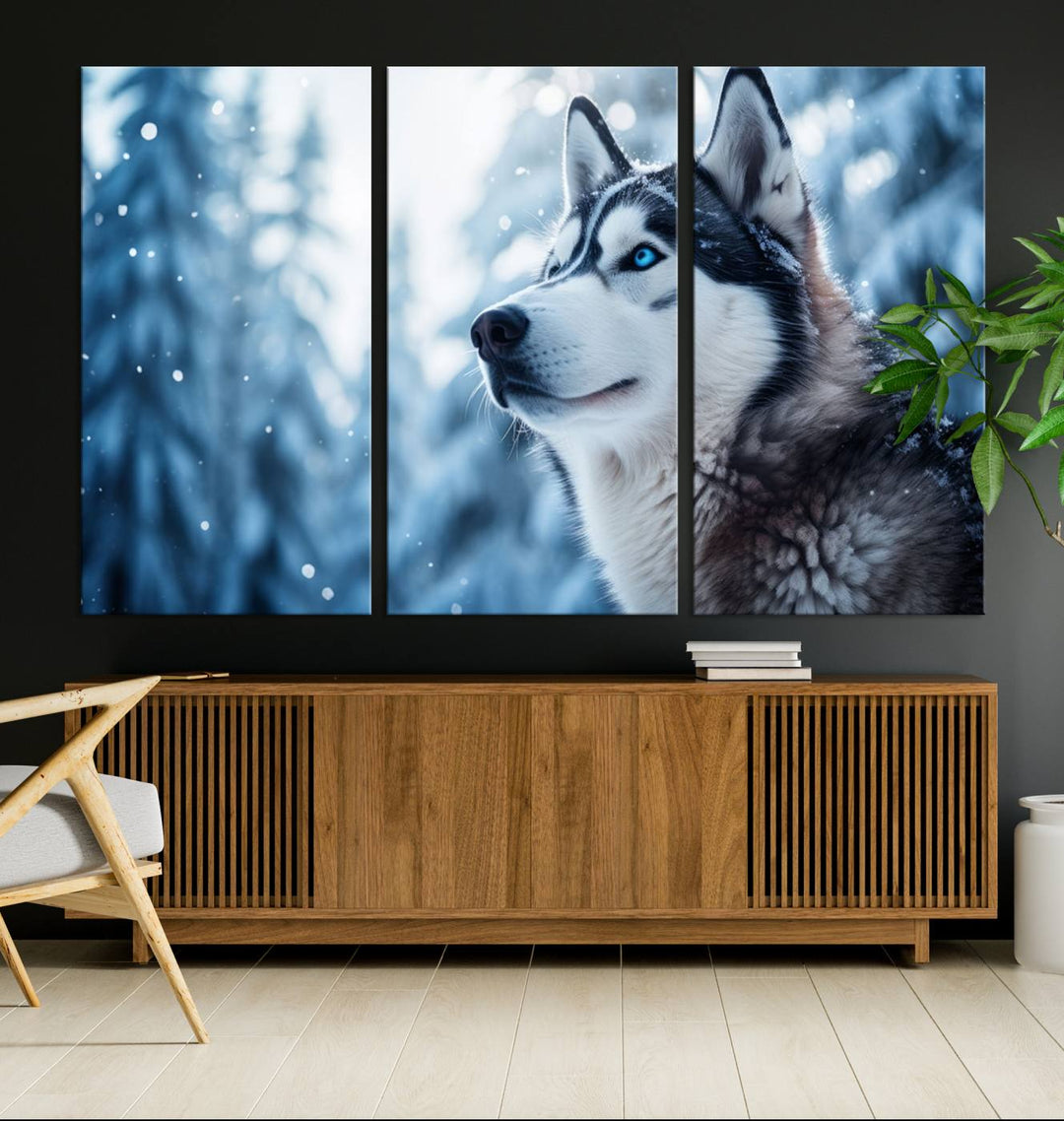 The "Winter Siberian Husky Wolf Wall Art Canvas Print" is elegantly displayed, enhancing the room's cozy ambiance in a snowy forest setting.