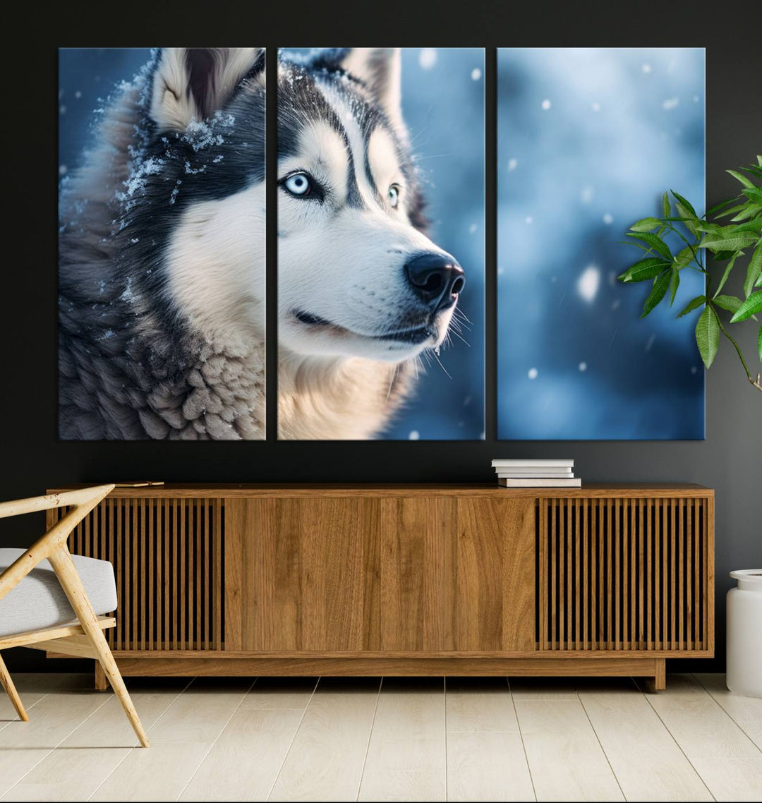 The space above the sofa features the Winter Siberian Husky Wolf Wall Art Canvas Print, creating a stunning snowy scene.